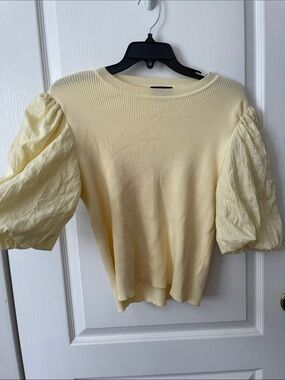 Lucy Paris Pale Yellow Puff-Sleeve Ribbed Knit Top